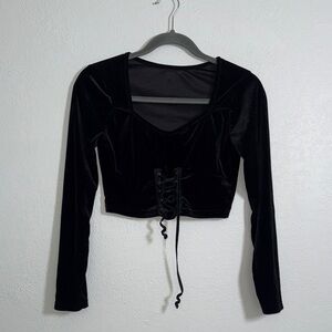 Source Unknown Black Velvet Lace-Up Long-Sleeve Crop Top